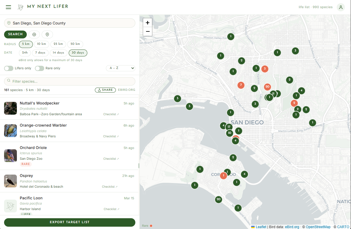 Birds Near Me desktop app — San Diego bird search showing species list and map