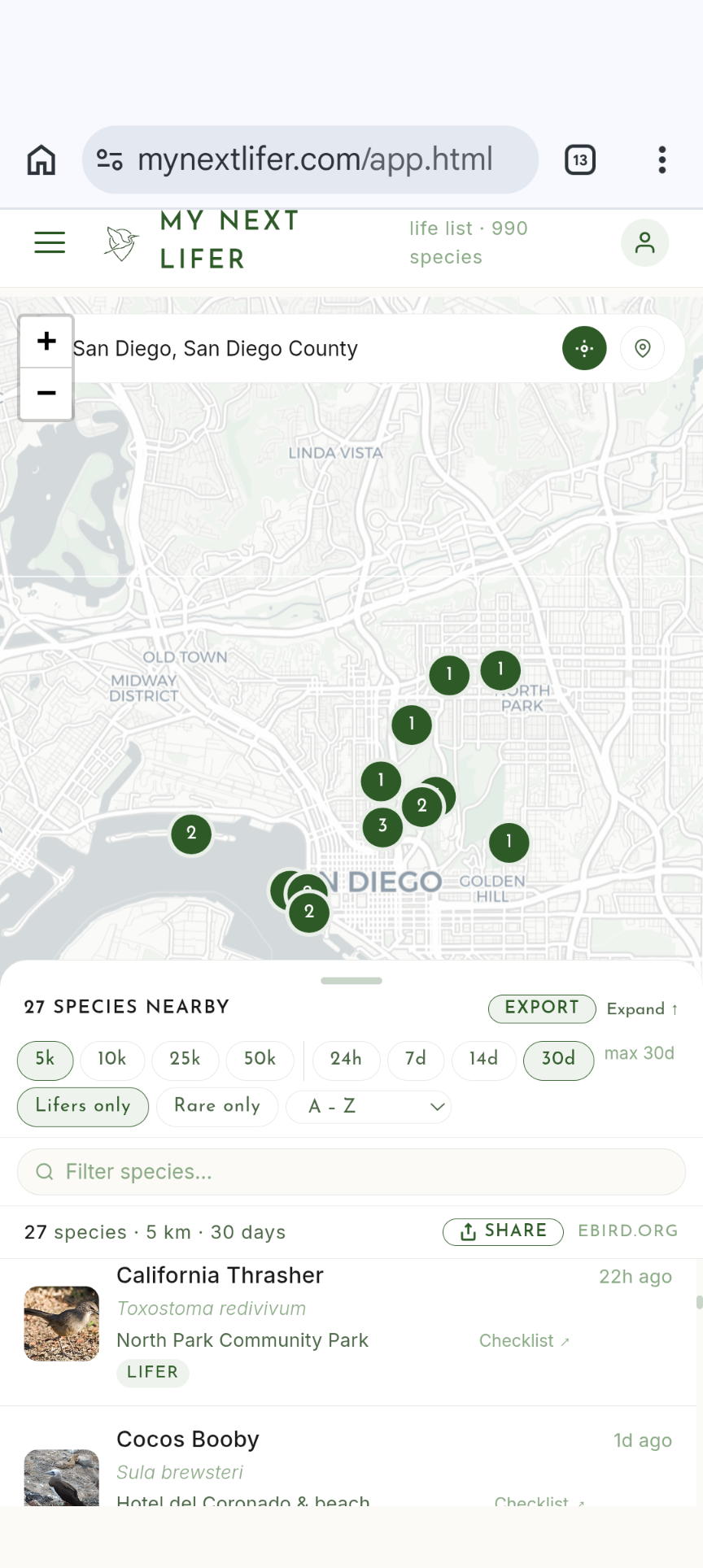 Birds Near Me on mobile — map with species list drawer